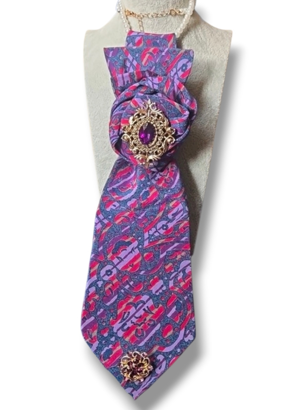 3/$60 Missoni Silk Folded Cravat Purple Gem Brooch Accessory